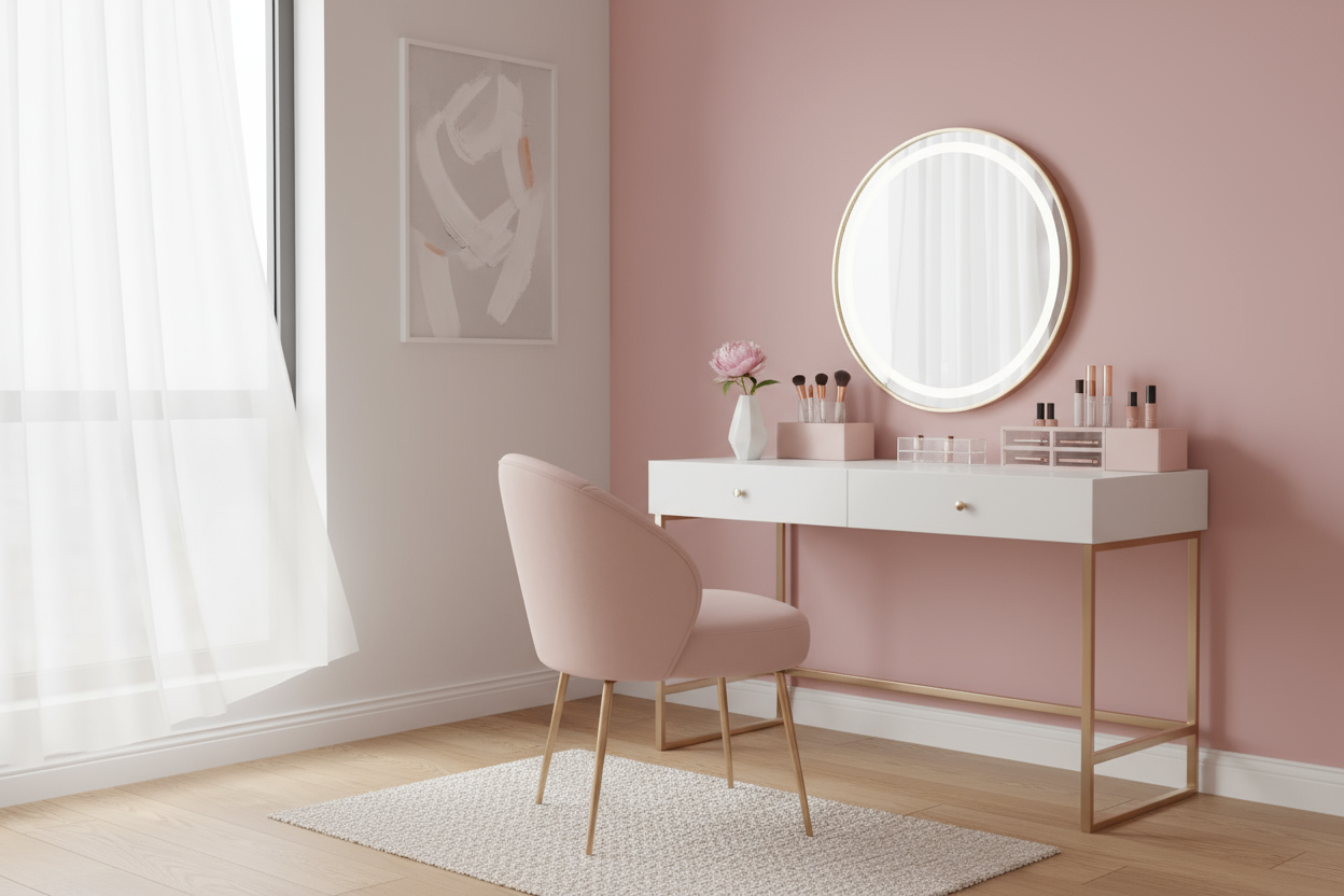 erstelle mir eine schminkecke im zimmer clean gehalten im farbcode F4C2C2